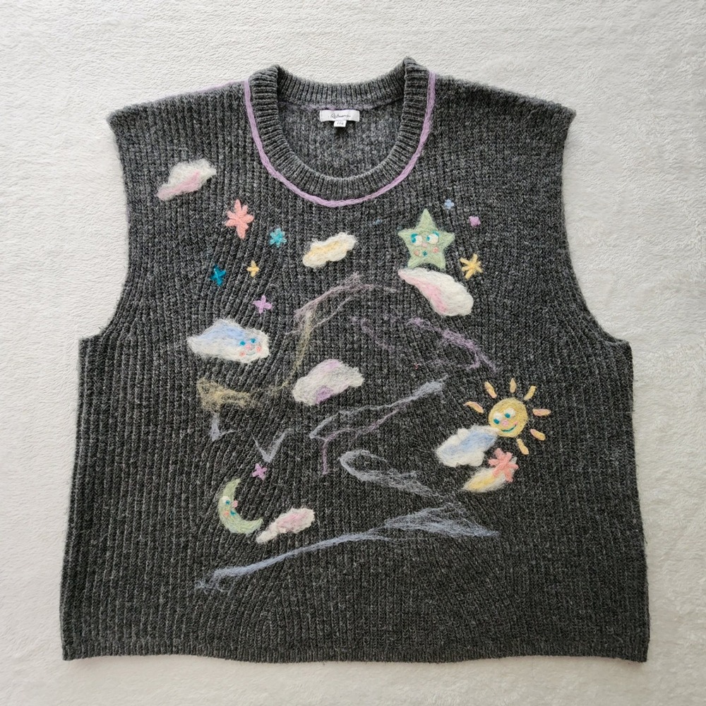 Needle Felted Celestial Sun Moon Stars Sweater Vest Womens XXL Whimsical Indie